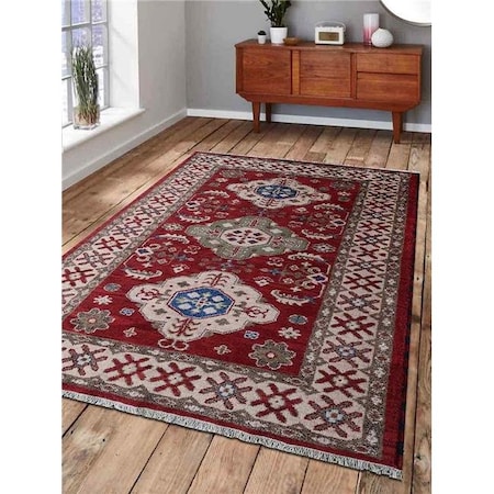 5 X 8 Ft. Hand Knotted Afghan Wool & Silk Kazak Rectangle Area Rug; Red & Cream